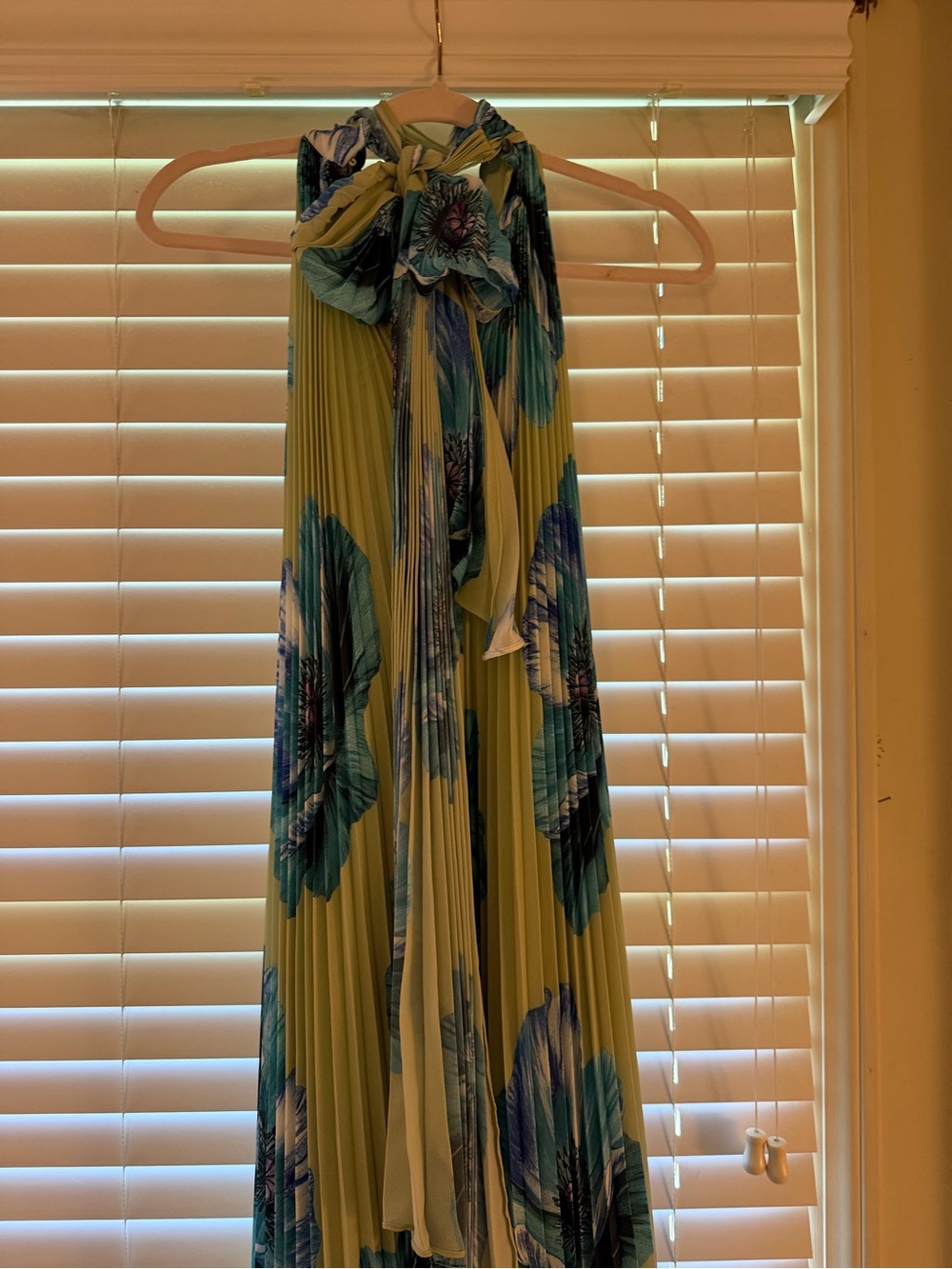 BHLDN Lime Green Pleated Maxi Dress with Teal Floral Accents